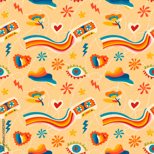 Psychedelic seamless patterns in retro 70s style, groovy hippie backgrounds. Teenage cartoon funky print with abstract bright colors, stars, sun, music cassette, rainbow