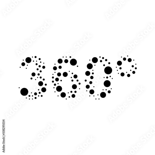A large 360 degree symbol in the center made in pointillism style. The center symbol is filled with black circles of various sizes. Vector illustration on white background