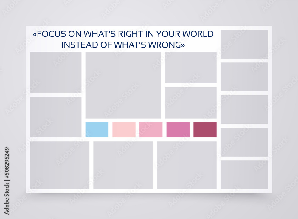 Fototapeta premium Collage template. Moodboard grid. Mood board banner. Montage photo images. Mosaic pictures album layout. Photomontage frames with quote. Horizontal design of gallery mockup. Vector simple illustration