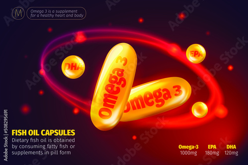 Omega-3 Fatty Acids gold shining pills capsule. Vitamin complex dietary supplement. Shining golden capsules or essence droplet. Meds for health ads. Vector