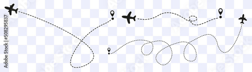 Airplane routes on transparent background. Romantic travel concept. Airplane line path, vector icon of air plane flight route on white background. Vector illustration.