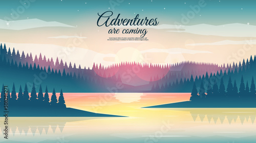 Abstract evening or morning landscape. Vector illustration, flat style. Forest with river. Beautiful sky. Design for wallpaper, banner, touristic card.