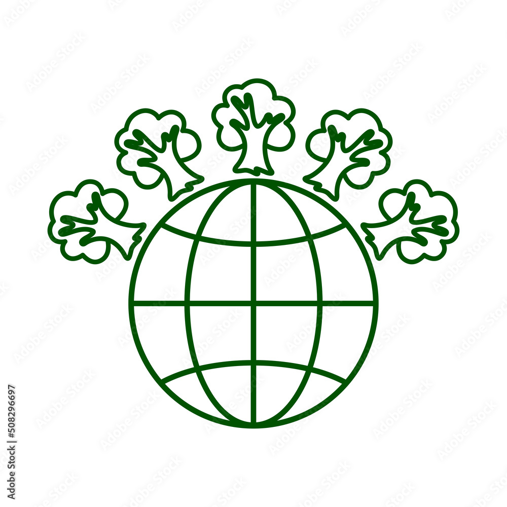 Line icon of green planet and forest. Symbol of ecology, environmental awareness, nature protection concept. Vector Illustration Line icon of green planet and forest. Symbol of ecology, environmental awareness, nature protection concept. Vector Illustration