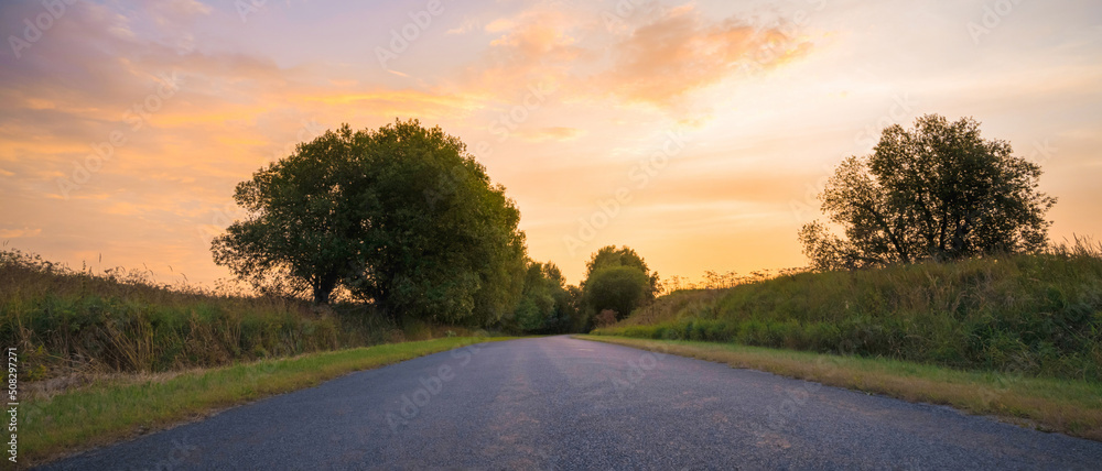 Fototapeta premium country road among meadows colorful sunset on background