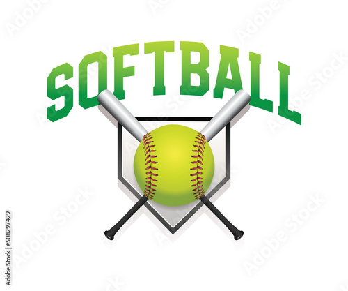 Softball Word Art with Ball, Bats, and Base Illustration