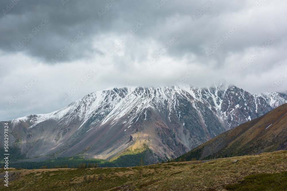 Awesome atmospheric landscape with sunlit high snowy mountain range in rainy low clouds at changeable weather. Dramatic beautiful view from golden hill to large snow mountains in low gray cloudy sky.