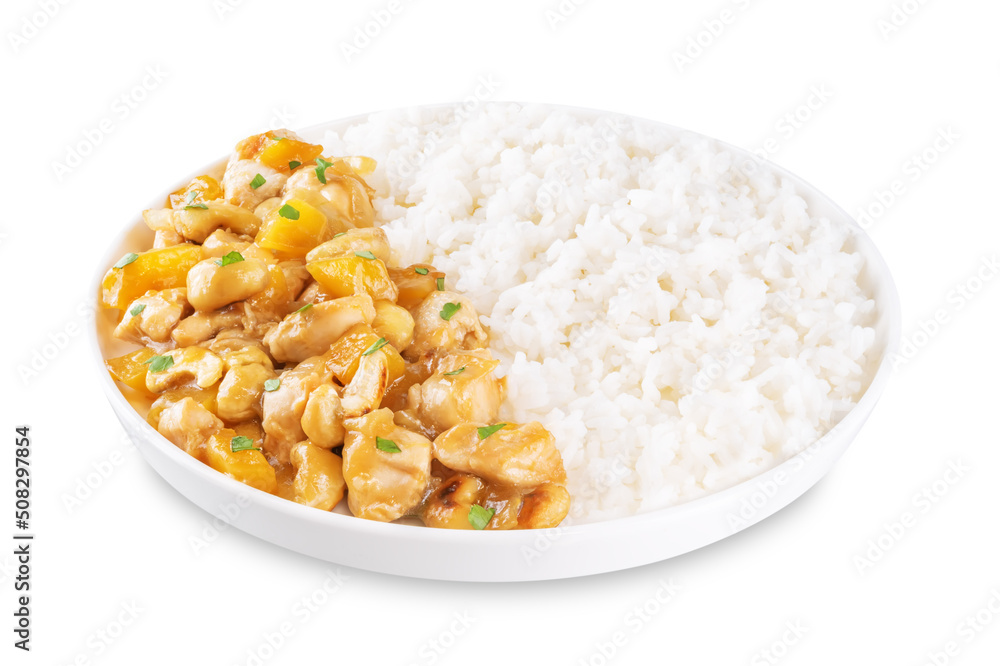 Mango Teriyaki chicken with rice in a plate on a white isolated background