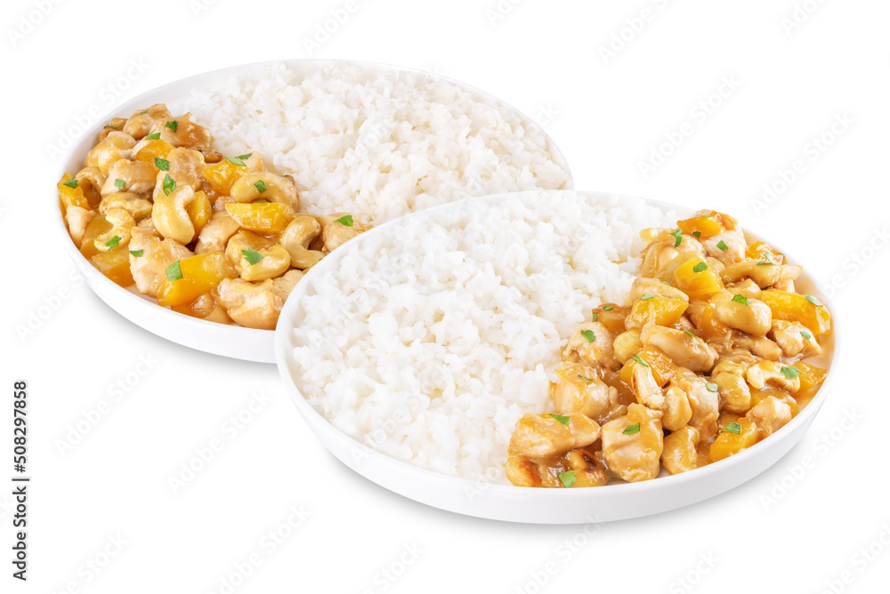 Mango Teriyaki chicken with rice in a plate on a white isolated background Mango Teriyaki chicken with rice in a plate on a white isolated background