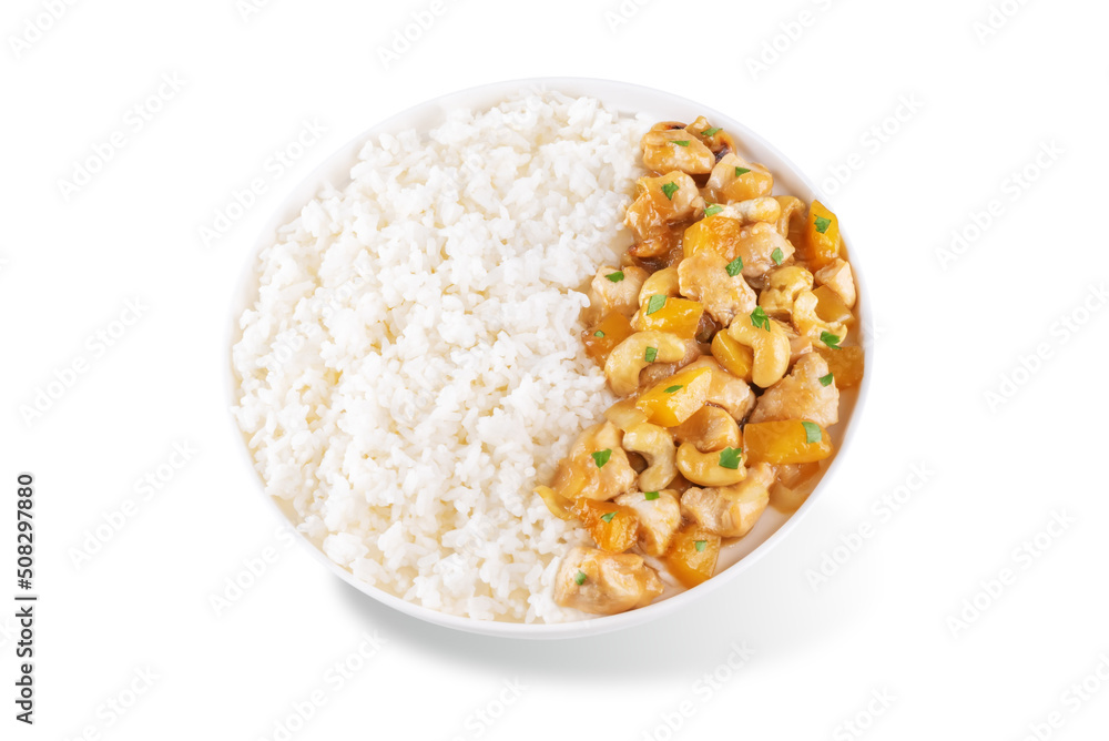 Mango Teriyaki chicken with rice in a plate on a white isolated background Mango Teriyaki chicken with rice in a plate on a white isolated background
