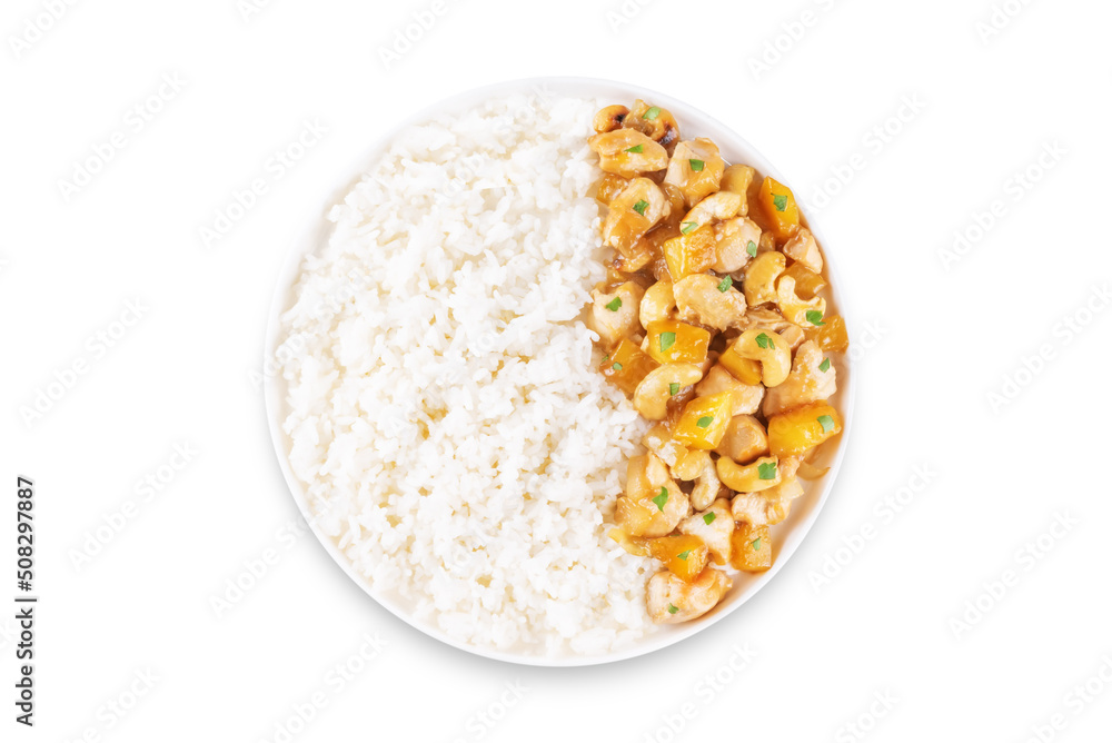 Mango Teriyaki chicken with rice in a plate on a white isolated background Mango Teriyaki chicken with rice in a plate on a white isolated background