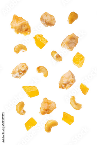 Mango Teriyaki chicken with rice in a plate on a white isolated background