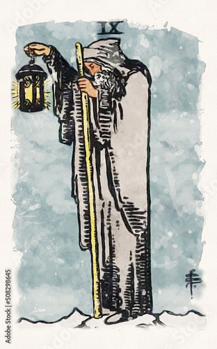 Vászonkép Watercolor Painting Of The Hermit Tarot Card From The Rider-Waite-Smith Traditio