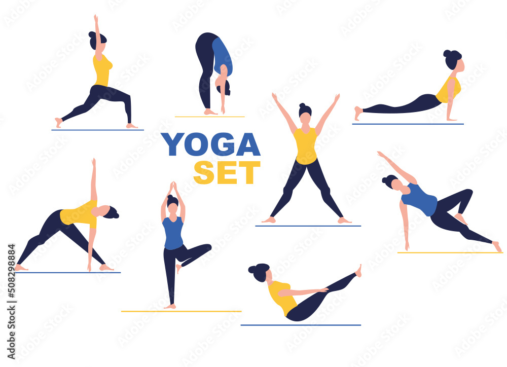 Yoga poses set. Woman doing fitness and yoga exercises, practicing meditation and stretching, workout.  Lunges, side planks, etc.  Healthy lifestyle concept. Flat cartoon illustration.
