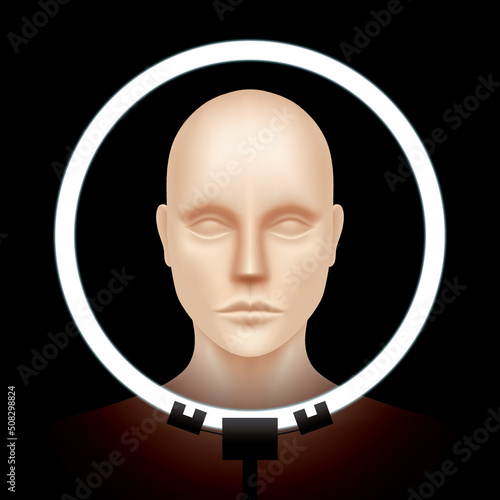 Female manikin model face lit by selfie ring light. Woman portrait photo shooting on a black background, vector illustration.