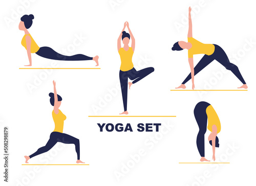 Yoga poses set. Woman doing fitness and yoga exercises, practicing meditation and stretching, workout.  Lunges, side planks, etc.  Healthy lifestyle concept. Flat cartoon illustration.