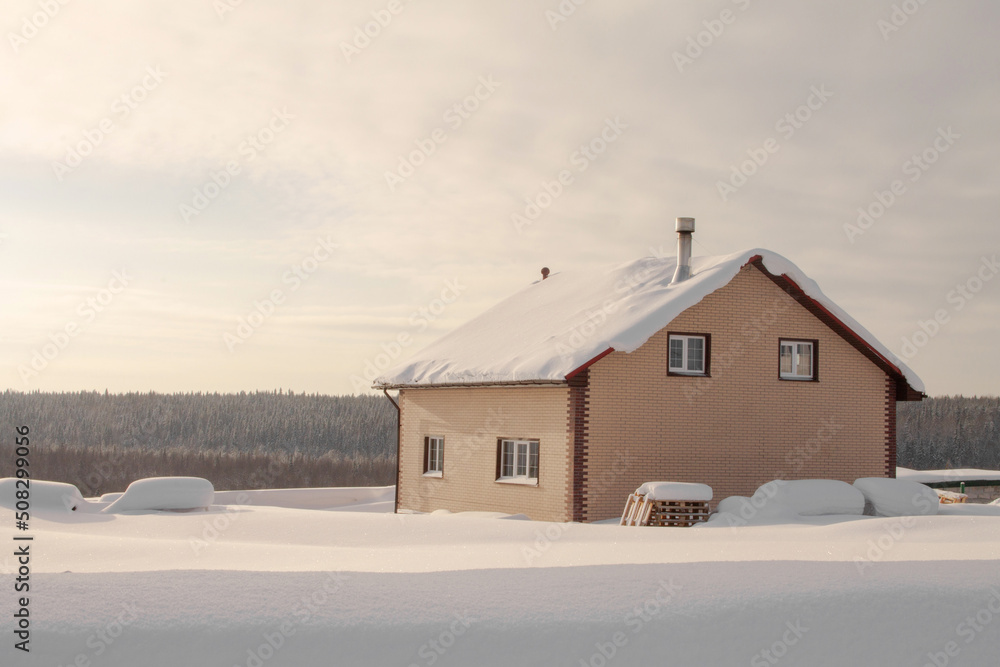 winter landscape rural two-storey brick house winter landscape rural two-storey brick house