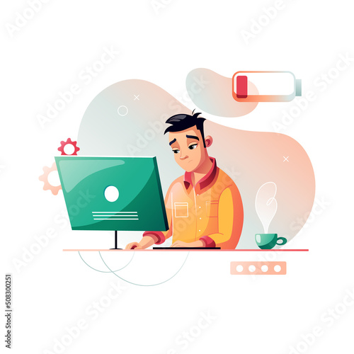Programmer is tired at work. Development of programming and coding technologies. Low battery. Isolated vector illustration.