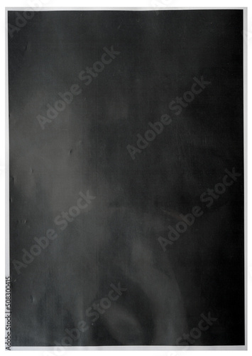 Foto black printer ink remain on white paper behind clear film, black and white printer texture or ink surface