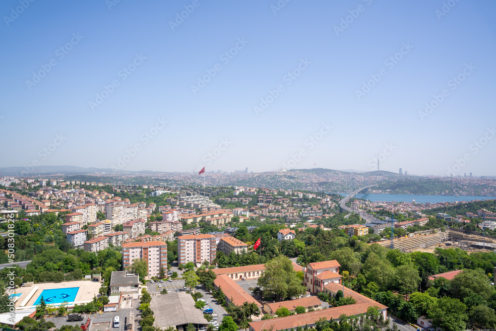 Aerial Wide Istanbul City View and Bosphorus Bridge