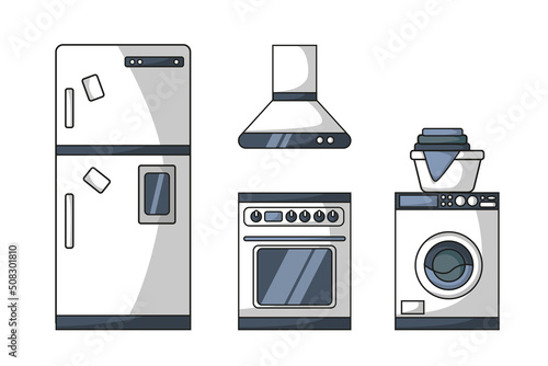A set of home appliances (refrigerator, gas stove, extractor hood and washing machine) in a flat style. Vector image.