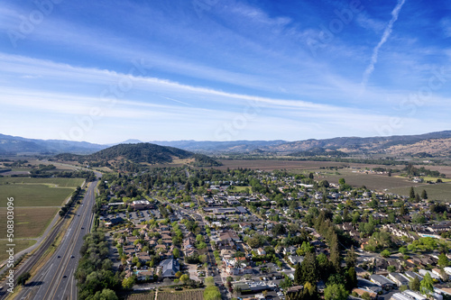 Aerial view of Yountville, California, one of the many small towns in Napa Valley known for its restaurants and wine