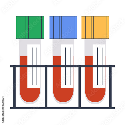 Test tubes for taking a blood test in the laboratory. Study blood for viruses and diseases. Flat illustration. Eps10