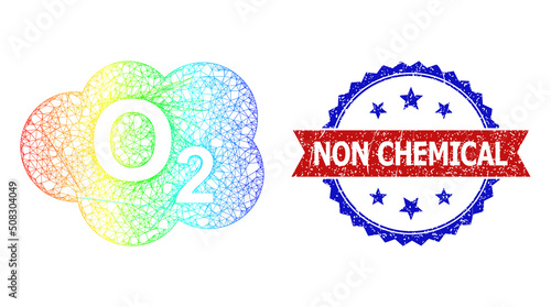 Mesh net oxigen cloud frame icon with rainbow gradient, and bicolor unclean Non Chemical seal stamp. Red stamp has Non Chemical title inside blue rosette. Colored carcass network oxigen cloud icon.