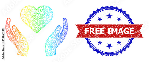 Network love care framework icon with spectrum gradient, and bicolor scratched Free Image seal stamp. Red stamp includes Free Image title inside blue rosette. Vibrant frame mesh love care icon.
