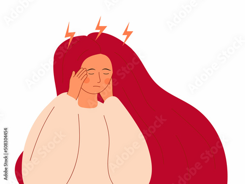 Stressed, frustrated girl concept vector. Horror, shock and scene of accusation in life, depression in work. Upset girl with lightnings Difficult task, problem illustration.