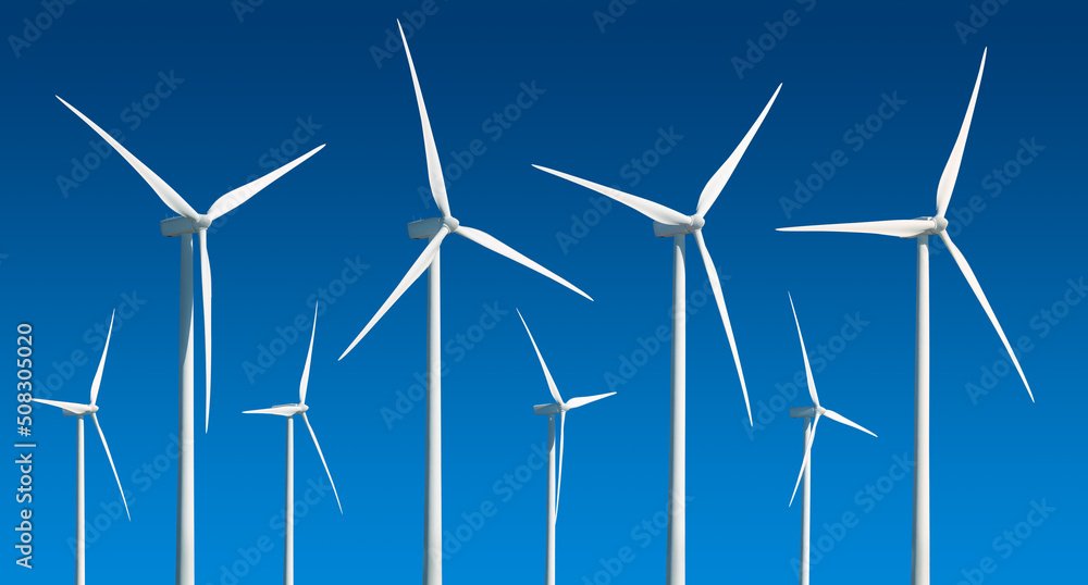 Three-bladed wind turbines at different angles, isolated collection on blue background
