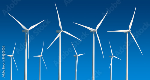 Three-bladed wind turbines at different angles, isolated collection on blue background © ChaoticDesignStudio