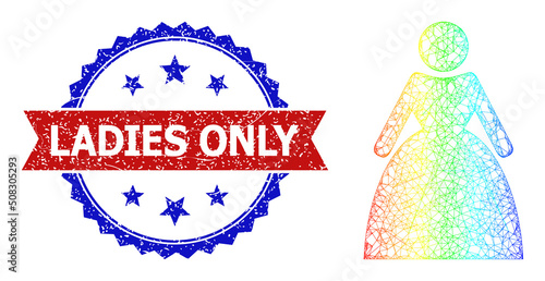 Crossing mesh lady wireframe icon with spectral gradient, and bicolor unclean Ladies Only stamp. Red stamp has Ladies Only title inside blue rosette. Colored frame net lady icon.