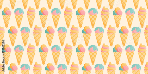 Seamless colorful pattern with diffrent types of ice cream in cones
