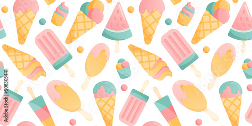 Seamless colorful pattern with diffrent types of ice cream on white background