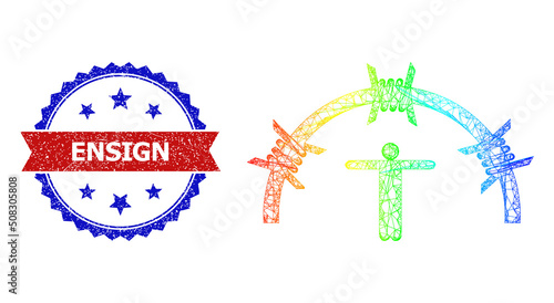 Net mesh welcome to jail carcass icon with rainbow gradient, and bicolor unclean Ensign watermark. Red badge has Ensign text inside blue rosette. Vibrant carcass mesh welcome to jail icon.