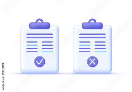 3D Approved and rejected icon isolated on white background. Document, file, checklist, Task management, assignment and exam, project plan. Check and cross mark. Can be used for many purposes.