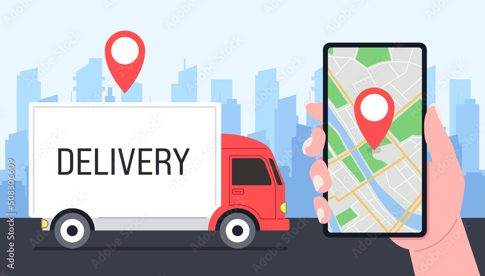Banner for delivery service. Delivery truck on city background. Application on smartphone screen. Vector illustration... Banner for delivery service. Delivery truck on city background. Application on smartphone screen. Vector illustration...