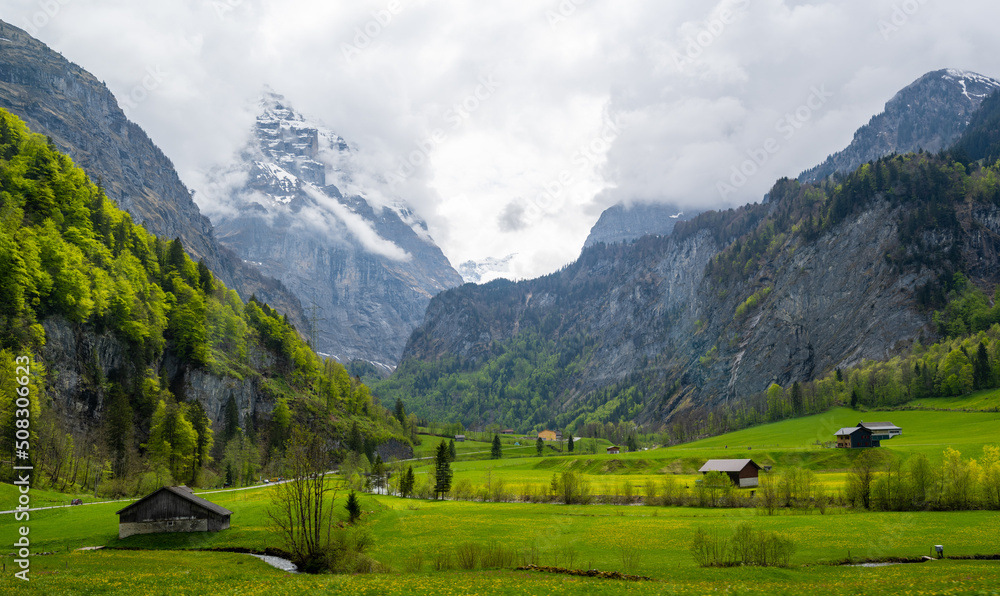 Green meadow with mountains near Linthal in Swiss Alps