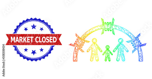 Mesh net family jail dome model icon with spectral gradient, and bicolor dirty Market Closed seal. Red stamp seal includes Market Closed caption inside blue rosette.