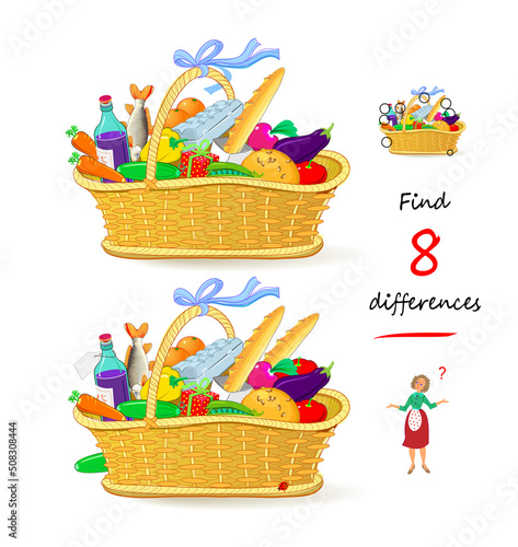 Find 8 differences. Food basket illustration. Logic puzzle game for children and adults. Page for kids brain teaser book. Developing counting skills. IQ test for attention. Play online. Vector image.