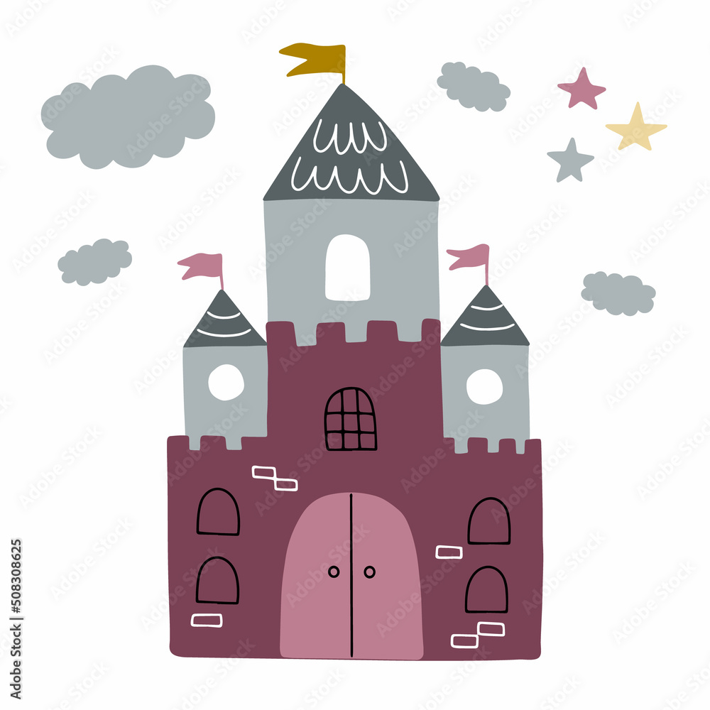 Medieval castle tower. king fortress castle and fortified palace with gate. Vector illustration isolated on white background