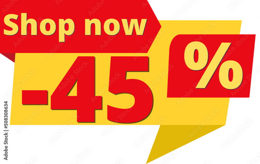 45% off, shop now (yellow speech bubble design with red discount banner) 45% off, shop now (yellow speech bubble design with red discount banner)