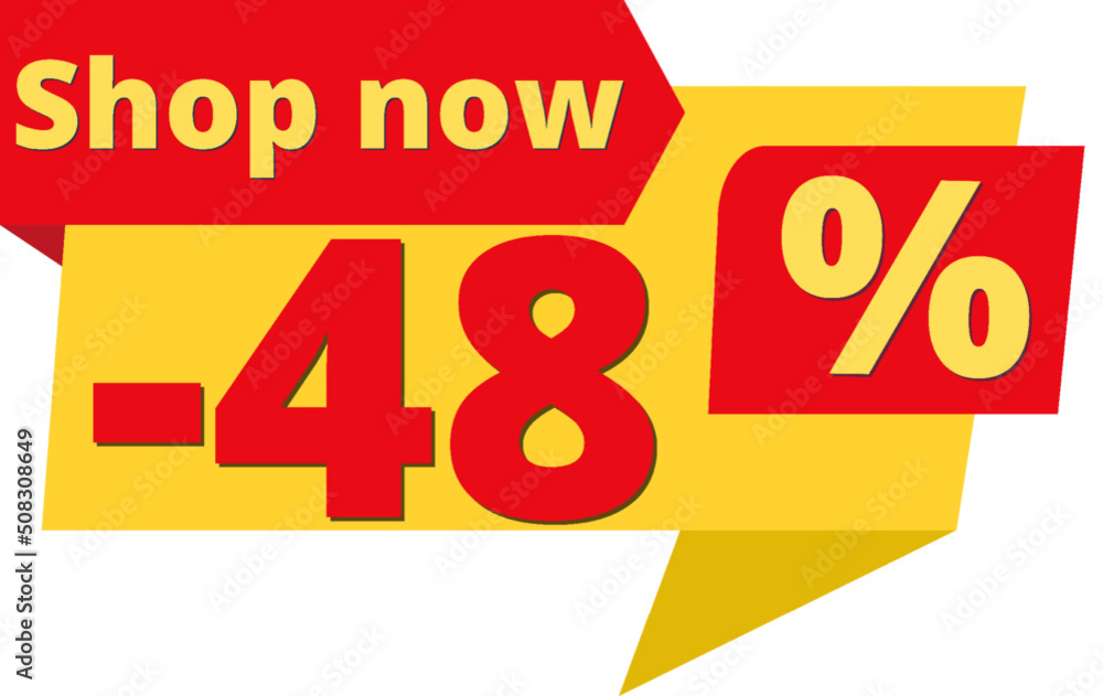 48% off, shop now (yellow speech bubble design with red discount banner) 48% off, shop now (yellow speech bubble design with red discount banner)