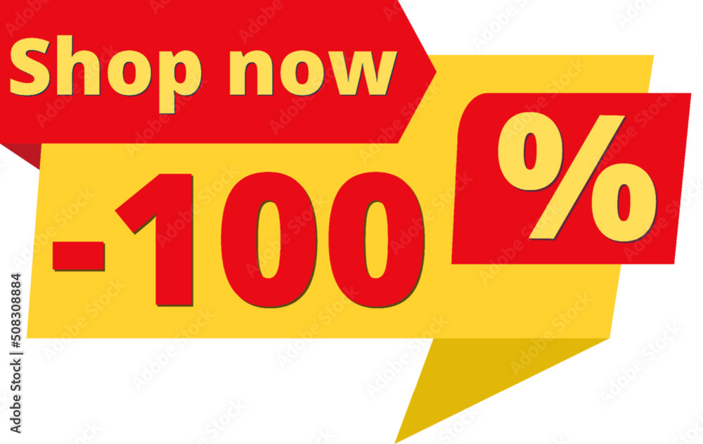 100% off, shop now (yellow speech bubble design with red discount banner) 