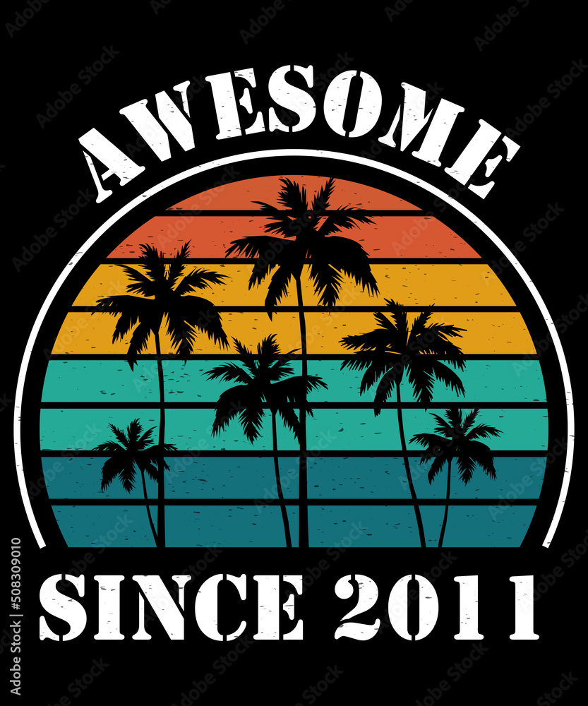Awesome Since 2011 Vintage Palm tree Retro Limited Edition 11th Birthday Retro Sunset T-Shirt