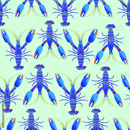 Seamless pattern with Yabby, Australian blue crayfish.