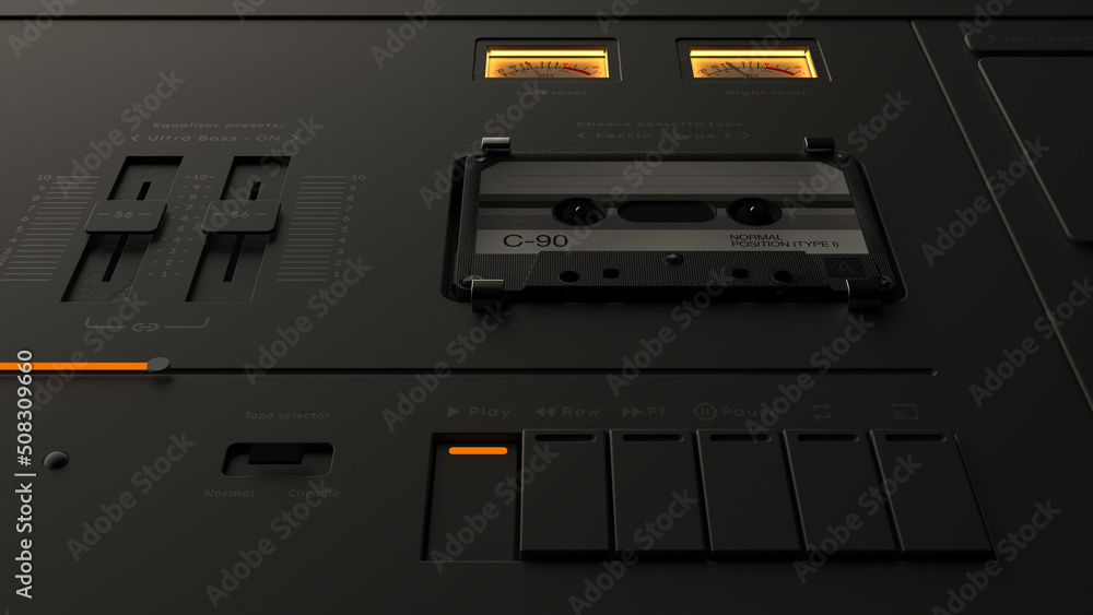 3d rendering, cassette tape, cassette player, ui, old analog player, 3d black plastic, rendered 3d rendering, cassette tape, cassette player, ui, old analog player, 3d black plastic, rendered