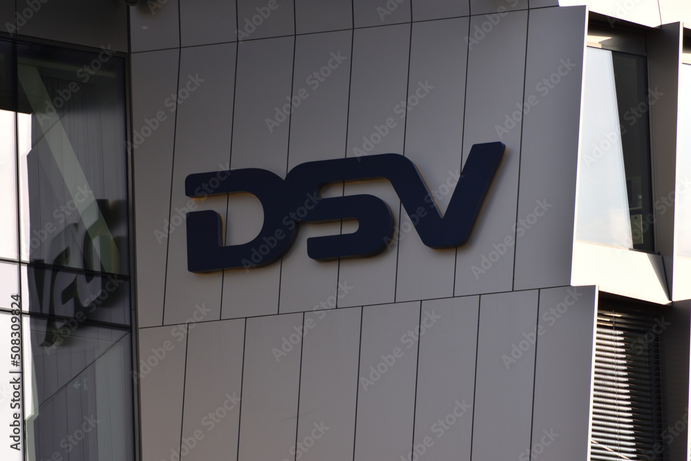 DSV logo, signage on the facade of DSV International Shared Services