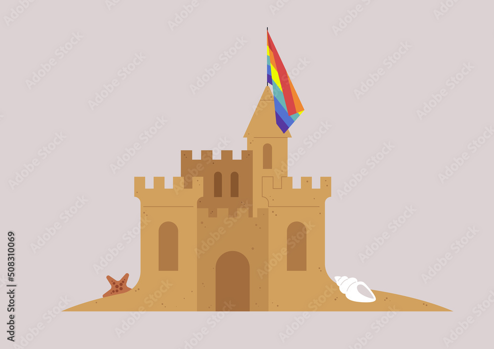 A sand castle with a rainbow flag, a sea shell and a star, LGBTQ+ people rights A sand castle with a rainbow flag, a sea shell and a star, LGBTQ+ people rights