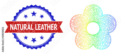 Crossing mesh flower frame icon with spectral gradient, and bicolor unclean Natural Leather stamp. Red stamp seal contains Natural Leather caption inside blue rosette.
